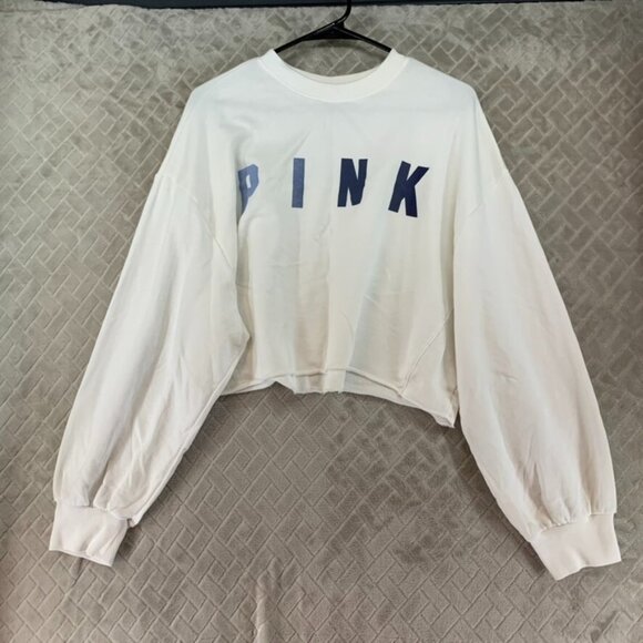 Victoria's Secret Tops - Pink Womans L Sweatshirt White Cropped Baggy Long Sleeve Logo Lounge Athletic